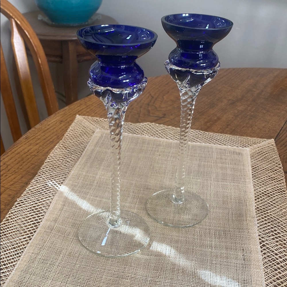 Elegant Blue Glass Candle Holders